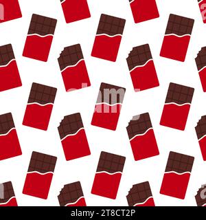 Seamless pattern with red packaging chocolate bars. Whole and bitten chocolate bar. Cartoon style. Vector flat background. Stock Vector