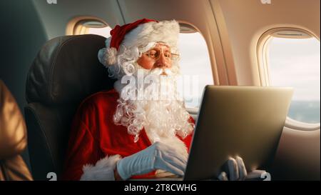 Santa Claus working on the laptop sitting on board the plane. Stock Photo