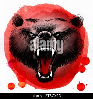 Grizzly bear. Hand-drawn ink and watercolor sketch Stock Photo