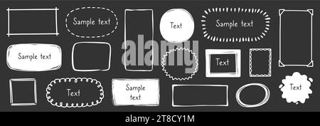 Hand drawn doodle frame on chalkboard background. Box, square, rectangle, circle shape brush pen line stroke scribble element. Hand drawn simple oval, square frame text border. Vector illustration Stock Vector