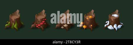 Forest stumps set isolated on background. Vector cartoon illustration of part of cut old tree covered with neon color poisonous mushrooms, green moss, white snow, woodland game ui design elements Stock Vector