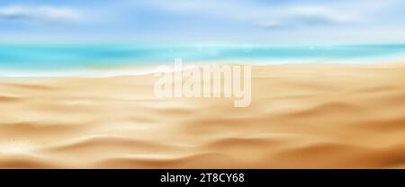 Realistic sea or ocean beach background with sand, water and clouds on sky. Panoramic vector illustration of horizon and shore with sandy texture. Tropical landscape with coastline for summer vacation Stock Vector