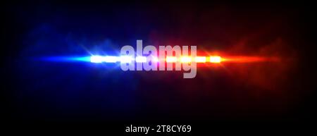 Emergency or police car siren flashing lights with overlay effect. Realistic vector illustration of red and blue cop or ambulance vehicle flare with beams surrounded by fog on dark night background. Stock Vector
