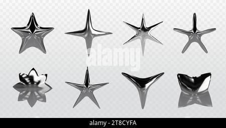 Chrome y2k stars of various shapes - 3d realistic vector illustration set of silver inflatable liquid metal abstract forms. Graphic design elements made of glossy steel or mercury with reflections. Stock Vector