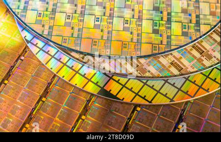 blue Silicon Wafer with microchips used in electronics for the ...