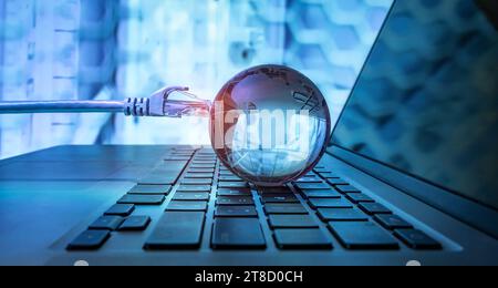 world map technology style against fiber optic background Stock Photo
