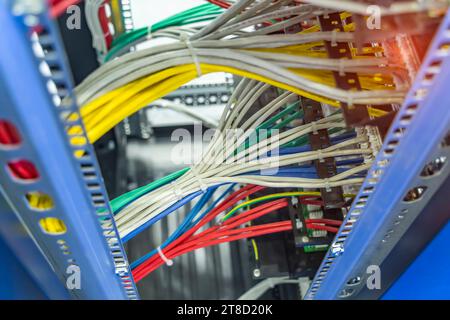 Information Technology Computer Network, Telecommunication Ethernet Cables Connected to Internet Switch. Stock Photo