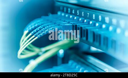 Data transfer by optical fibre information technology. Stock Photo