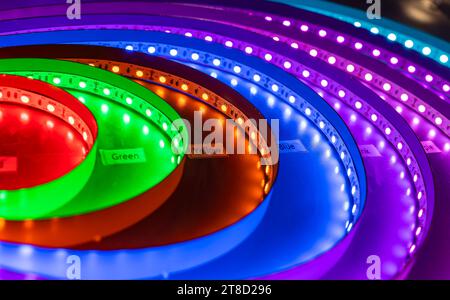 LED lights. Multi-colored light bulbs for illumination. Texture of colored light. Stock Photo