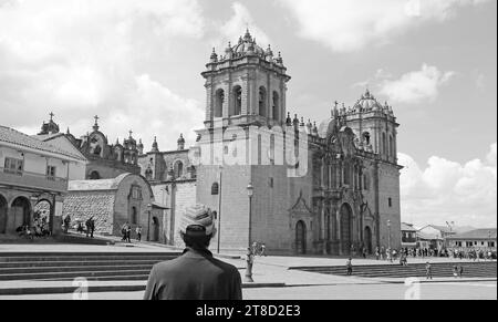 Cathedral Basilica of the Assumption of the Virgin or The Cusco Cathedral on Plaza de Armas Square, Cuzco, Peru, South America in Monochrome Stock Photo