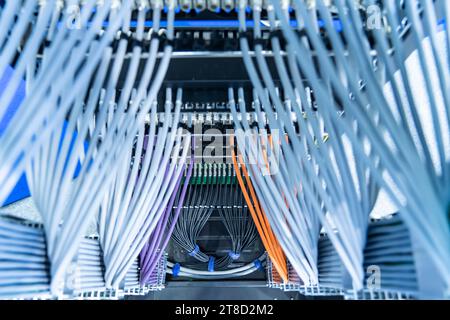 Information Technology Computer Network, Telecommunication Ethernet Cables Connected to Internet Switch. Stock Photo