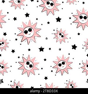 Seamless texture with sun and stars Stock Vector