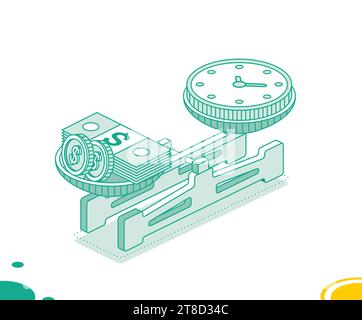Balance scales with clocks and money. Concept time and money. Isometric mechanical scales with coins and paper banknotes. Vector illustration. Stock Vector