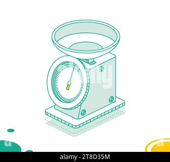 Kitchen classic scales with weighing bowl. Analogue mechanical food scales. Vector illustration. Isometric outline object isolated on white background Stock Vector