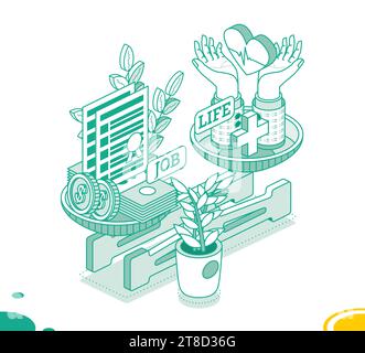 Work and life balance concept. Isometric mechanical scales with coins, paper banknotes, heart, hands and cross. Vector illustration. Scales with bowls Stock Vector
