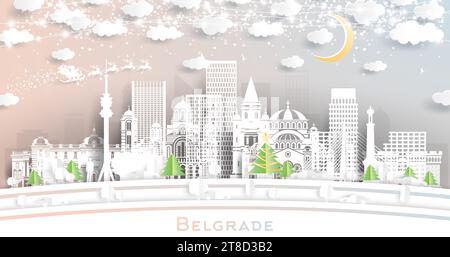 Belgrade Serbia. Winter city skyline in paper cut style with snowflakes, moon and neon garland. Christmas and new year concept. Santa Claus on sleigh. Stock Vector