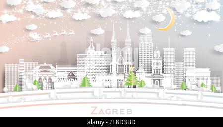 Zagreb Croatia. Winter city skyline in paper cut style with snowflakes, moon and neon garland. Christmas and new year concept. Santa Claus on sleigh. Stock Vector