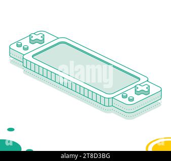 Isometric portable handheld retro gaming console. Outline concept. Vector illustration. Object isolated on white background. Stock Vector