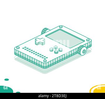 Isometric portable handheld retro gaming console with buttons. Outline ...