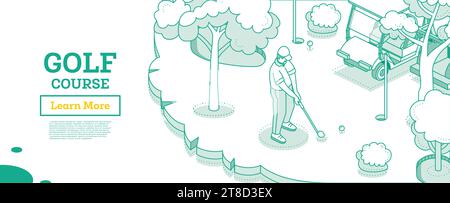 Golf course. Isometric concept with country sports club. Golfer and golf cart on play field with holes, flagsticks and sand traps. Golf tournament. Stock Vector