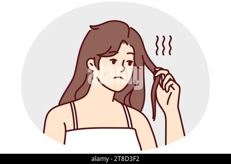 Unhappy young woman distressed with thin breakable hair. Upset girl frustrated with hair loss and breakage having split ends. Haircare and beauty. Vector illustration. Stock Vector