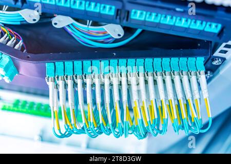 Fiber optical cable connect to communication Distribution point Stock Photo