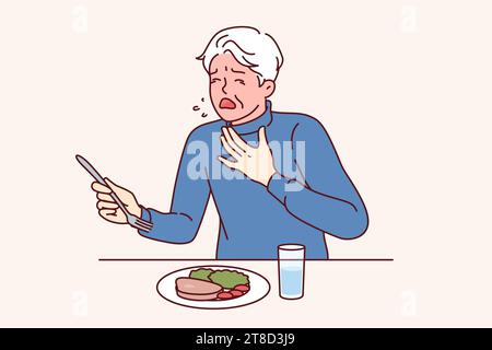 Man choked eating and coughed needing help and blushing feeling lack of air. Elderly person is choking and experiencing problems due to allergy to foodstuffs or poor quality dish served in restaurant Stock Vector