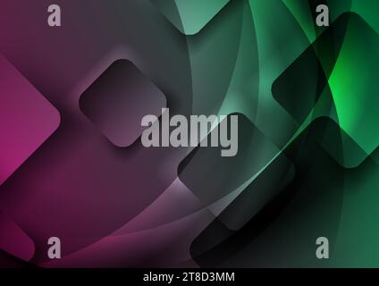 Dark glossy squares and waves abstract geometric background. Green purple tech vector design Stock Vector