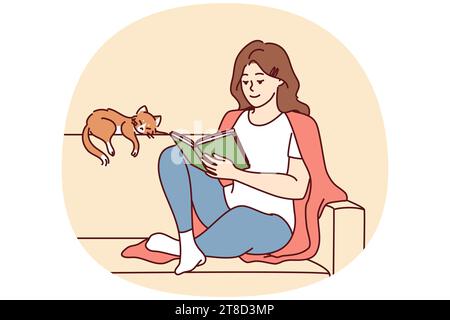 Happy young woman sit on sofa reading book with cat sleeping near. Calm relaxed girl rest on couch with novel enjoy weekend with pet. Vector illustration. Stock Vector