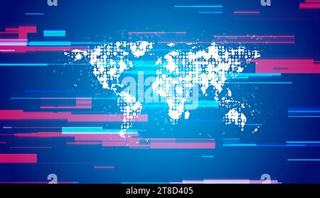 Abstract dotted world map and neon glitch lines sci-fi tech background. Vector design Stock Vector