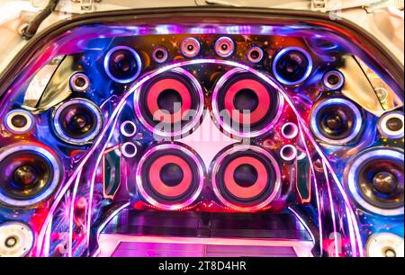 colorful lights of stereo and speakers in car Stock Photo