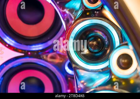 colorful lights of stereo and speakers in car Stock Photo