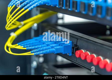 Technology center with fiber optic equipment patch core Stock Photo