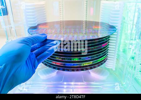 Gloved Hand Holding a Silicon Wafer in plastic holder box Stock Photo