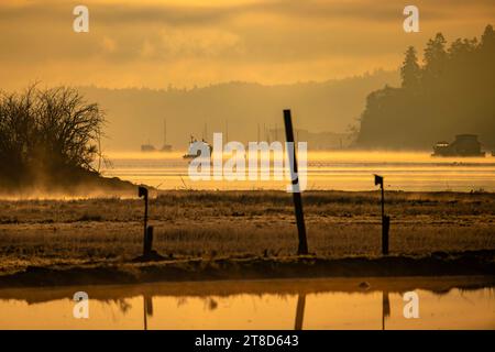A mesmerizing sunrise over Cowichan Bay on Vancouver Island. Stock Photo