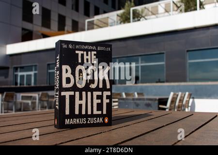 Close-up Markus Zusak's The Book Thief book on a wooden table. Young adult fiction. Stock Photo