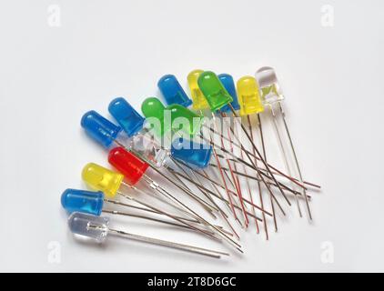 Semiconductor led lamps in yellow, blue, red, green and transparent colors.Bunch of LEDs of different colors. Stock Photo