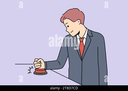 Business man presses red button to launch new corporate process or promising startup. President of state uses red button giving order to begin nuclear strike, for concept of atomic threat Stock Vector