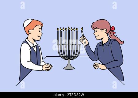 Jewish children stand near minora with burning candles, preparing for traditional holiday hanukkah. Boy in kippah and girl from israel celebrating onset hanukkah, showing commitment to traditions Stock Vector