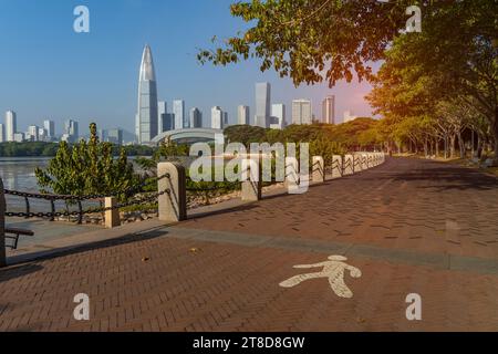 Park in city of Shenzhen China,beautiful mix of green trees combined with buildings, modern architecture Stock Photo