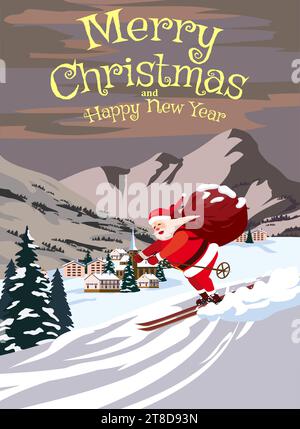 Merry Christmas poster Santa Claus skiing in snow mountains Stock Vector