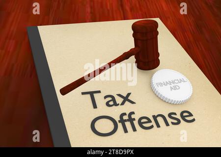 3D illustration of a PC screen, beside a ten dollar coin on legal booklet, titled as Tax Offense. Stock Photo