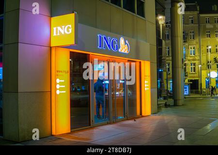 Wroclaw, Poland - November 10, 2023: man using ATM  of ING Bank Śląski commercial bank based in Katowice, providing banking services Stock Photo