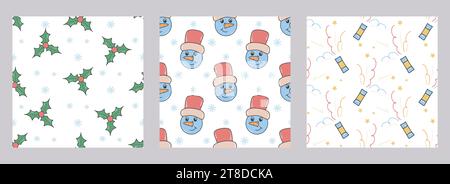 Christmas set backgrounds with snowman, holly and crackers Stock Vector