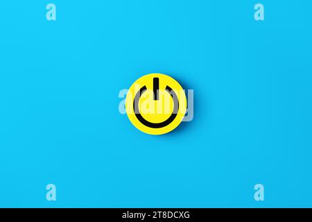 Start symbol on a yellow round button on blue background. Start button. Stock Photo