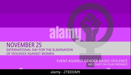 International Day for the Elimination of Violence against Women. Banner with horizontal lines in pink and feminist symbol with clenched fist. EPS vect Stock Vector