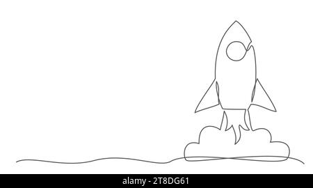 Rocket One line drawing isolated on white background Stock Vector