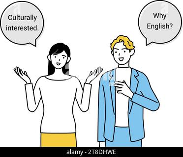 English conversation, Japanese woman speaking English with a white man, with speech balloon, Vector Illustration Stock Vector