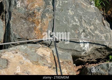 Metal fastenings to strengthen slopes - prevent landslides and destruction. Detail view. Stock Photo