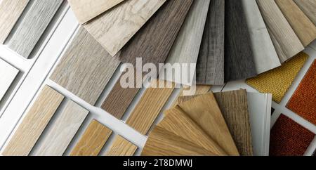 flooring material samples. laminate, vinyl and carpet Stock Photo